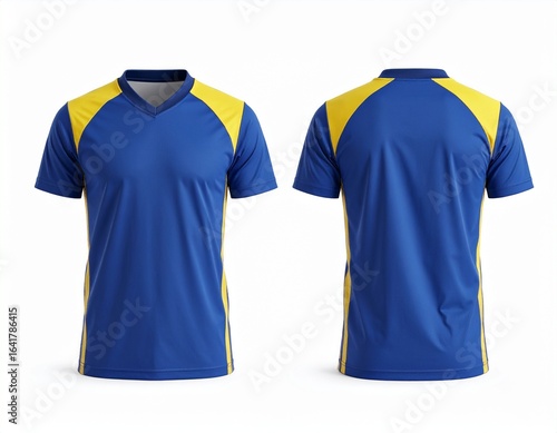 Blank blue and yellow v-neck soccer jersey mockup. Front and back view of a sports t-shirt template for apparel design.