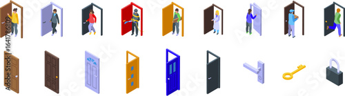 People doorway icons set. Isometric set of people opening and closing doors, different door types, keys, lock and handle icons