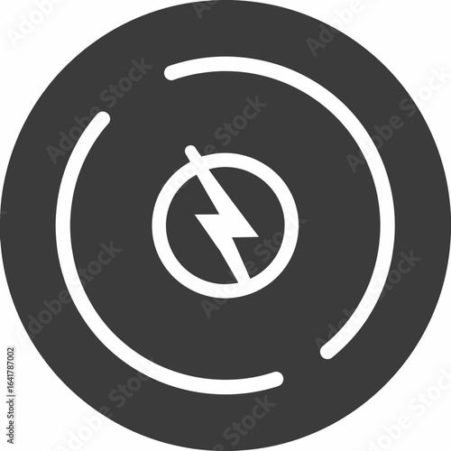 A dark gray circular graphic features white arcs, a central circle, and a lightning bolt inside it