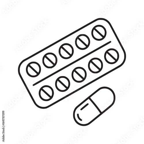 A line drawing of a blister pack of pills with a single capsule lying next to it on a white background
