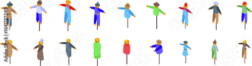 Pumpkin scarecrow icons set. Collection of various colorful scarecrows protecting crops in isometric view