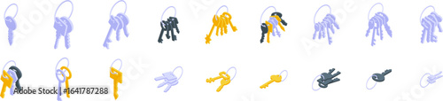 Key bunch icons set. Isometric set of keys symbolizing security, access, and ownership, perfect for visualizing concepts related to real estate, safety, and private property