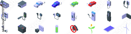 Home charging icons set. Isometric icons represent electric vehicles charging, showcasing renewable energy sources like solar panels and wind turbines, promoting sustainable transportation