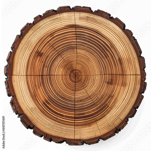 A detailed cross-section of a tree trunk reveals concentric rings and bark with cracks. The wood exhibits natural textures & tones