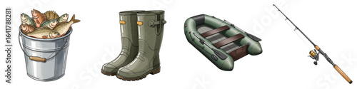 Set of isolated fishing equipment including catch, boots, boat, rod  