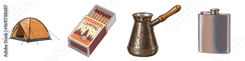 Set of isolated camping equipment including tent, matches, and flask  