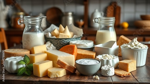 An assortment of dairy products arranged on a wooden table in a rustic kitchen.