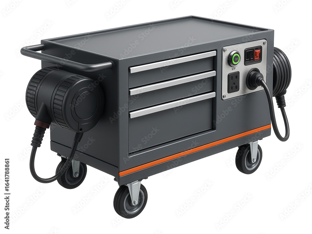 Fototapeta premium Utility workshop wagon with external control panels and retractable power cables