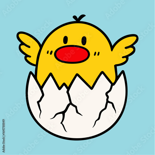 Cute cartoon yellow chick hatching from cracked eggshell on blue background