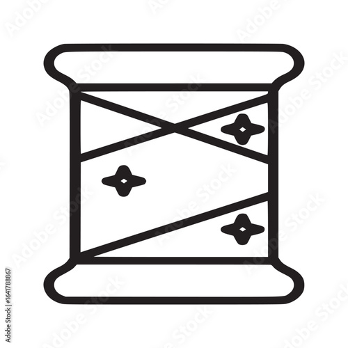 Outline illustration of a spool with thread and star shapes on a white background isolated
