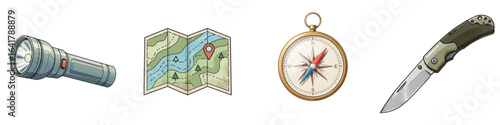 Set of isolated flashlight, map, compass, and knife in outdoor style  