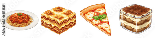 Set of isolated Italian food including pizza, spaghetti, lasagna, and tiramisu  