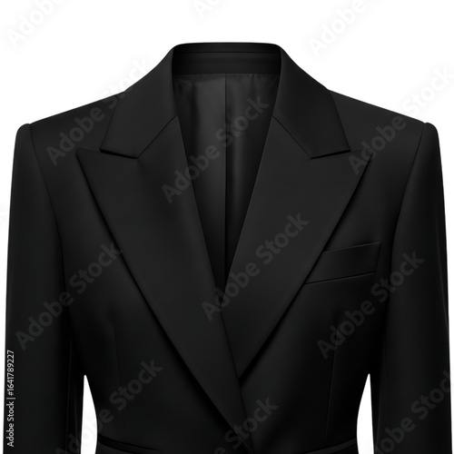 Black tailored tuxedo jacket with satin lapels and pocket detail isolated on a transparent background