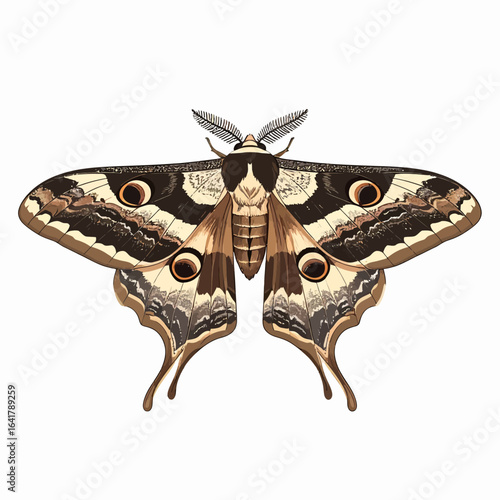 A detailed vector illustration of a large moth with intricate wing patterns, featuring eye-like markings and earthy tones