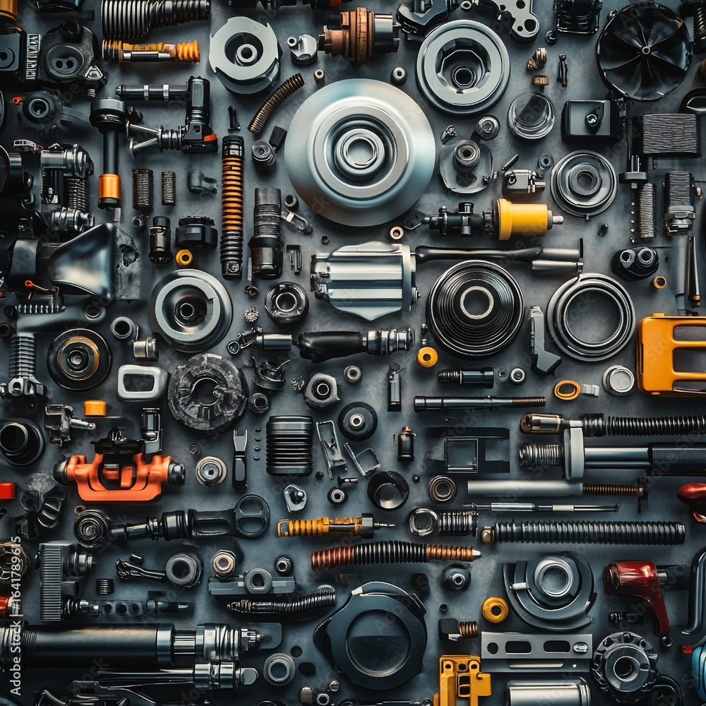 Fototapeta premium Assortment of Metal Mechanical Parts and Components metal components machinery