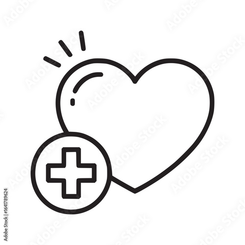 A simple line drawing of a heart with radiating lines and a plus sign in a circle icon below it