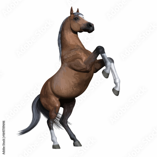 A digitally painted brown horse rears up on hind legs, white markings on legs and face, gray mane & tail