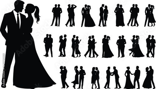 PrintCouple silhouette set, wedding dance pose, romantic partners, love illustration, black vector, relationship concept, formal outfit, romantic momentCouple silhouette set, wedding dance pose, 