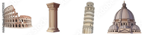 Set of isolated Italian architecture and attractions: Colosseum, Leaning Tower of Pisa, Roman column, Basilica dome  