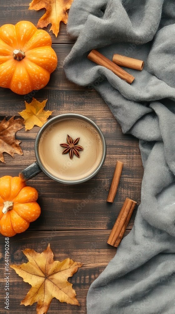 Fototapeta premium Vertical pumpkin coffee wooden table rustic cozy flatlay