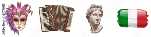 Set of isolated Italian culture and art: Venetian mask, accordion, marble statue head, Italian flag  