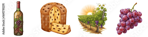 Set of isolated Wine bottle, panettone, sun over vineyard, and grapes in Italy  