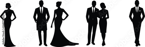 PrintElegant people silhouette, fashion couple, formal wear, business style, black vector, stylish man, classy woman, modern outfit, pose illustration