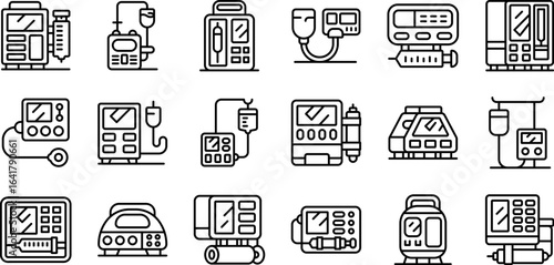 Infusion pump icons set. Infusion pumps delivering fluids and medications intravenously, supporting patient care in healthcare settings