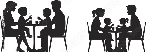 PrintFamily dining silhouette, parents and children eating, happy mealtime, restaurant scene, black and white vector, togetherness, bonding, lifestyle illustration