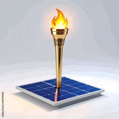 A golden torch with burning flames rests atop a solar panel against a gradient background. The panel is square