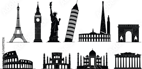 PrintFamous global landmarks silhouette, iconic monuments, world travel destinations, Eiffel Tower, Big Ben, Statue of Liberty, Taj Mahal, Colosseum