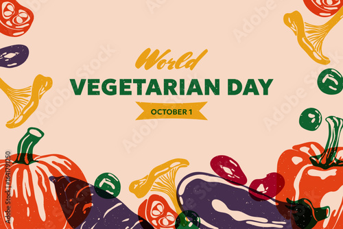 World vegetarian day background. Organic vegetables risograph style, abstract raw food banner with cartoon vegetable ingredients, healthy farm products. Vector flat illustration