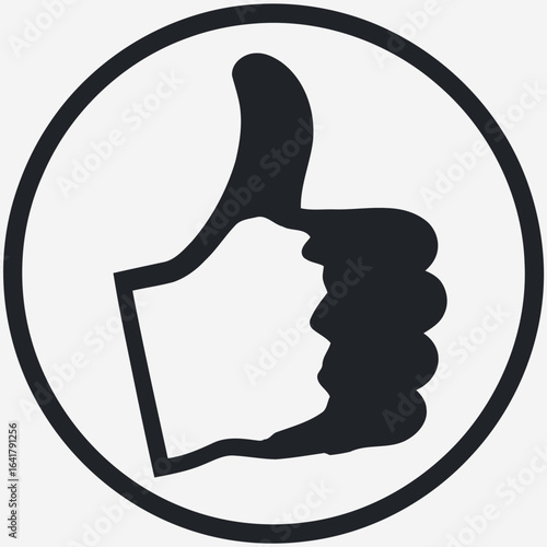 A graphic icon featuring a hand with a thumb up, enclosed within a circular outline. The style is minimalist, with a bold, dark silhouette