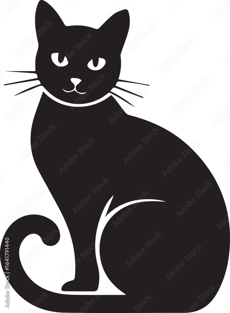 Fototapeta premium A simple vector silhouette of a cute black kitten with big eyes and a long tail, sitting on a white background