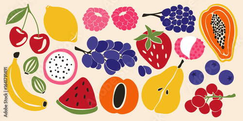 Abstract fruit set. Organic natural fruits and berries, tropical exotic food, colorful cherry, dragon fruit, strawberry, raspberry, peach, lemon, banana, melon. Vector collection