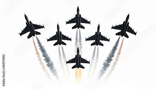 Six fighter jets perform a synchronized aerial display, leaving dramatic smoke trails against a white sky.