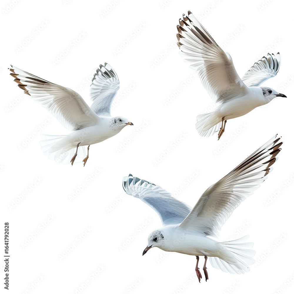 Obraz premium Three gulls soaring, wings spread, coastal background, nature photography, website design
