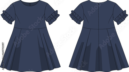 PrintGirls dress fashion flat, ruffle sleeve dress, kids apparel template, front and back view, technical vector illustration design