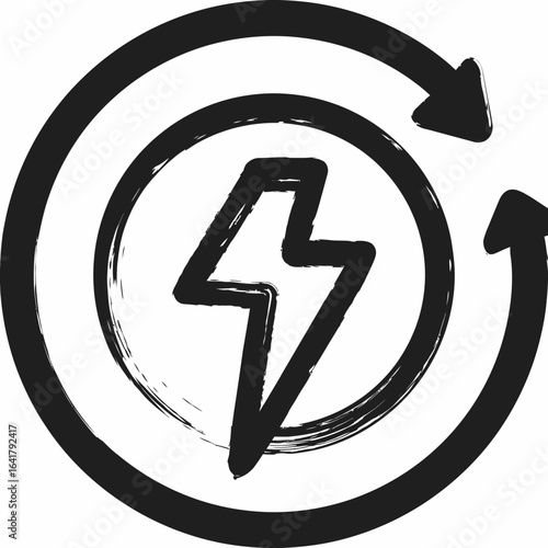 A hand-drawn, black lightning bolt encircled by a rotating arrow symbol. The inner circle has a brushstroke texture