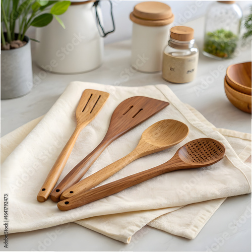 Set of wooden spoons and spatulas on cream-colored cotton napkin, soft daylight, eco kitchen accessories, sustainable living theme.
