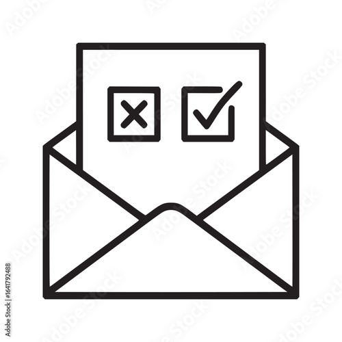 An envelope containing a sheet of paper with a check mark and an x mark in boxes drawn in black outline