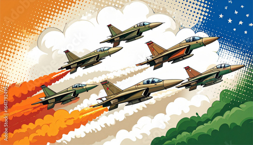 Fighter jets in flight, depicted in a vibrant comic book style, against a backdrop of Indian national colors.