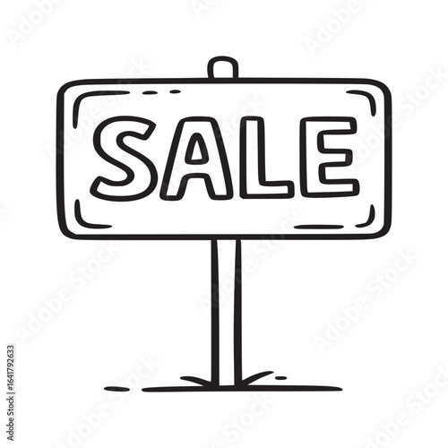 A simple black and white line drawing of a sale sign on a post against a white background plain design