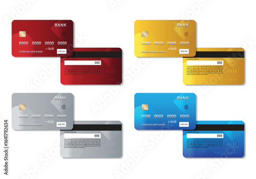 Set of colorful ATM Cards with gold magnet chip. Mock-up set of debit or credit card vector template isolated on white background. Front and back views. Vector illustration.

