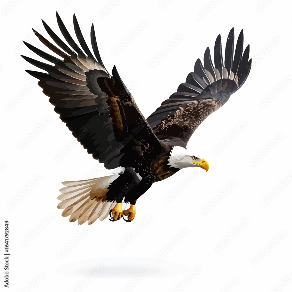 Obraz premium A majestic bald eagle soars with outstretched wings against a stark white background, showcasing its impressive form