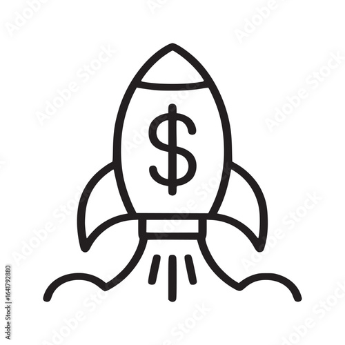 A rocket ship with a dollar sign on it taking off in a black and white line art illustration