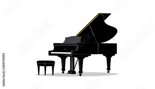 A sleek, black grand piano with a matching stool against a plain white backdrop.