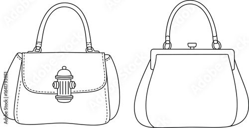 Fashion handbags with top handles, unique clasp detail, vector purse illustration, elegant leather design for women accessories and branding projects
