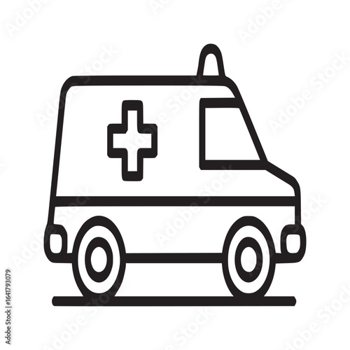 A simple line drawing of an ambulance with a cross and siren on top isolated on a white background