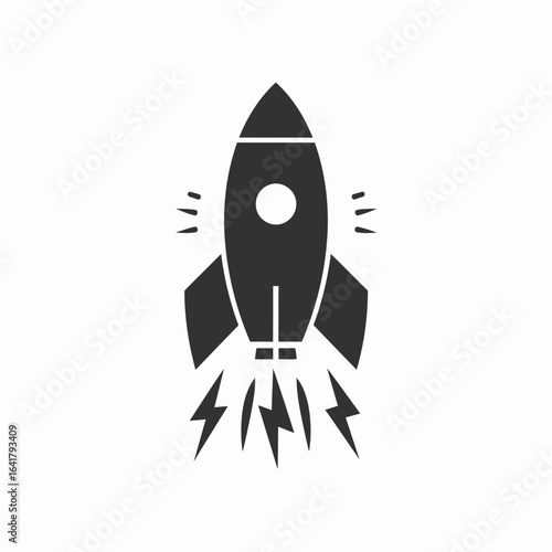 A monochromatic illustration depicts a rocket ship taking off. It has a round window and wings, with flames and lightning